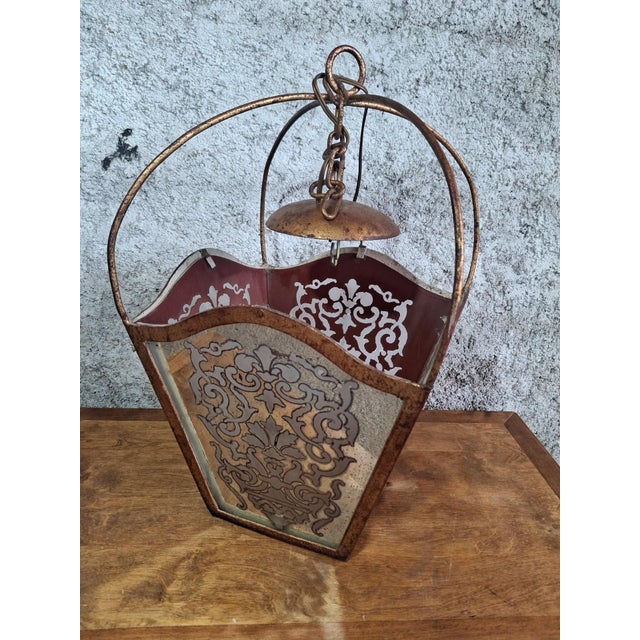 Metal Baroque Hanging Lantern in Acid-Etched Glass and Bordeaux Sheet Metal, 1890s For Sale - Image 7 of 7
