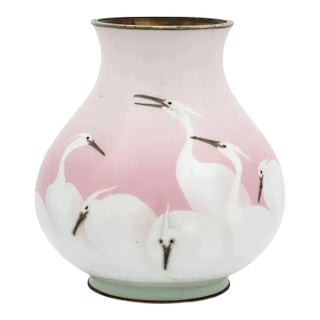 Late 19th Century Japanese Meiji Era Wireless Cloisonne Pink Crane Enamel Vase For Sale