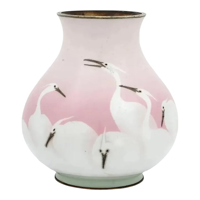 Late 19th Century Japanese Meiji Era Wireless Cloisonne Pink Crane Enamel Vase For Sale