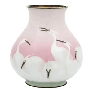 Late 19th Century Japanese Meiji Era Wireless Cloisonne Pink Crane Enamel Vase