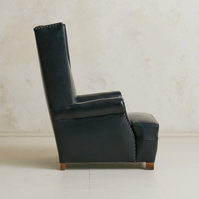 Vintage French Black Leather High-Back Club Chair with Wooden Legs - 2 Available For Sale - Image 11 of 18