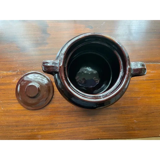Antique Dark Brown Glazed Stoneware Baked Bean Pot Crock With Lid For Sale - Image 4 of 10