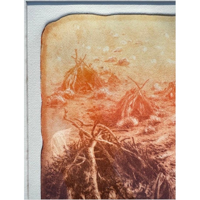 Burnt Orange "Paiute Wikiup" Etching Roy Purcell Artist’s Proof Framed Native American For Sale - Image 8 of 16
