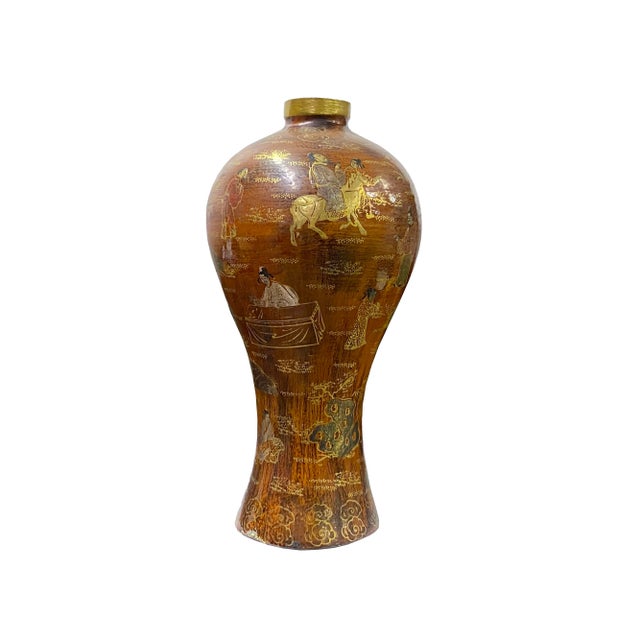 Chinoiseries Golden Graphic Brown Lacquer Vase Jar Shape Display For Sale - Image 4 of 11
