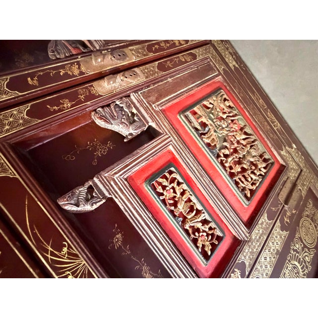 Ruby Red 1920s Heavily Carved and Lacquer Decorated Vintage Asian Credenza Cabinet For Sale - Image 8 of 8