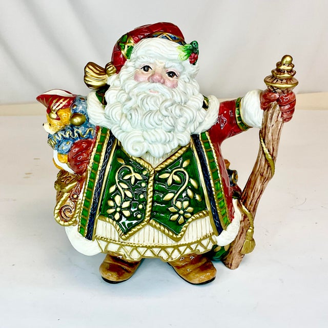 1980s Vintage Majolica Hollywood Regency Americana Fitz & Floyd Christmas Santa Tea Pot. For Sale - Image 6 of 10