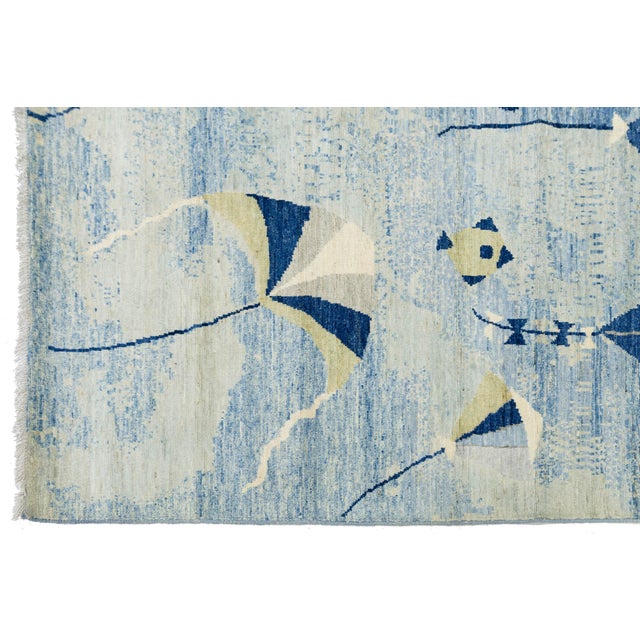 Whimsical Modern Blue & Ivory Kite Motif Hand-Knotted Wool Rug For Sale - Image 4 of 10