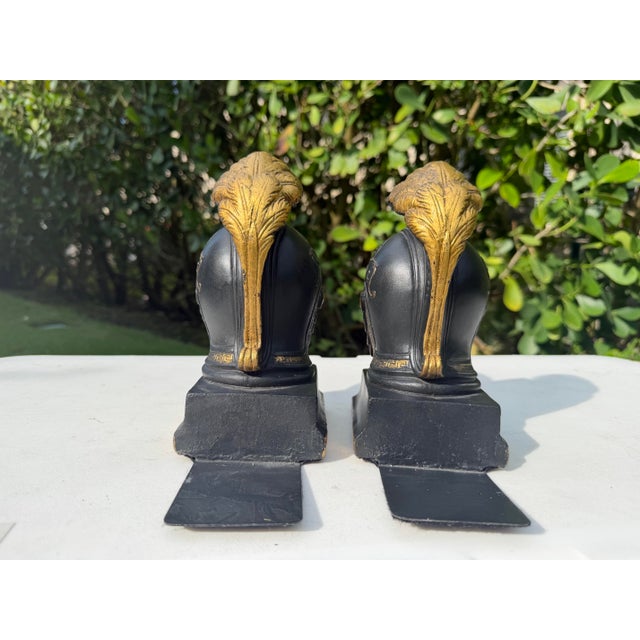 Sculpture Materials Vintage Neoclassical Greek Corinthian Helmet Bookends in Black & Gilt Finish, a Pair For Sale - Image 7 of 10