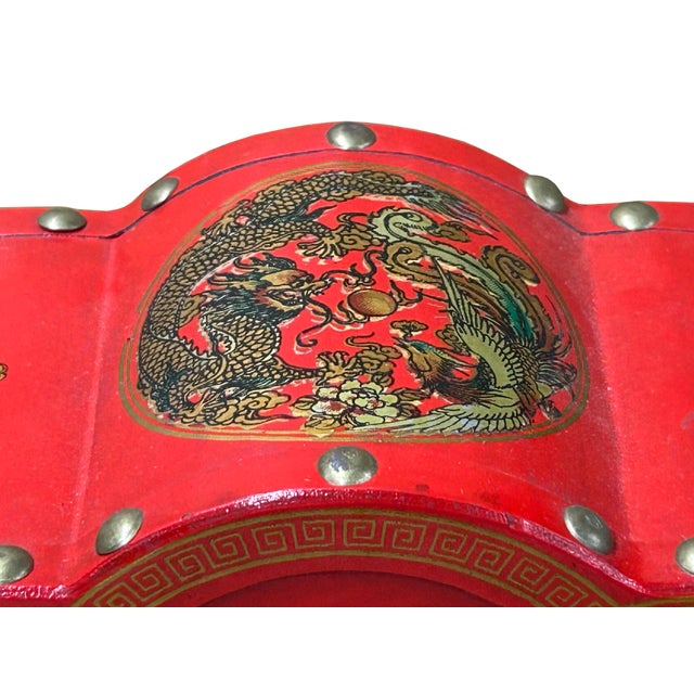 1990s Oriental Bright Red Dragon Phoenix Graphic Circles Shape Container Box For Sale - Image 5 of 10
