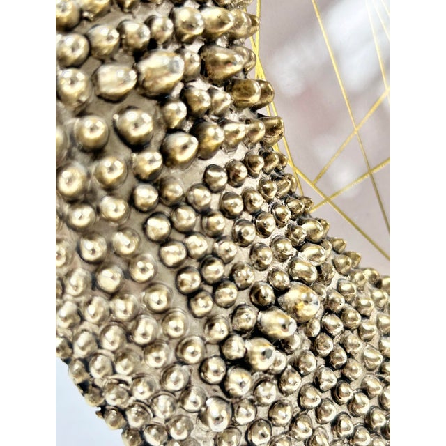 Wood Sculptural Gilt Studded Round Picture Frame – Brutalist Style Textured Gold Photo Frame For Sale - Image 7 of 7