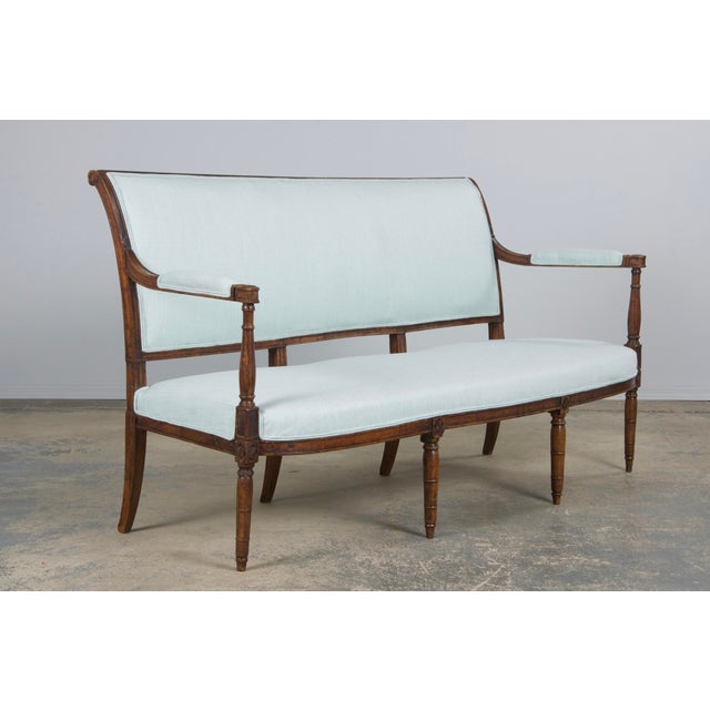 Early 19th Century French Directoire Walnut Settee in Seaglass For Sale - Image 4 of 12
