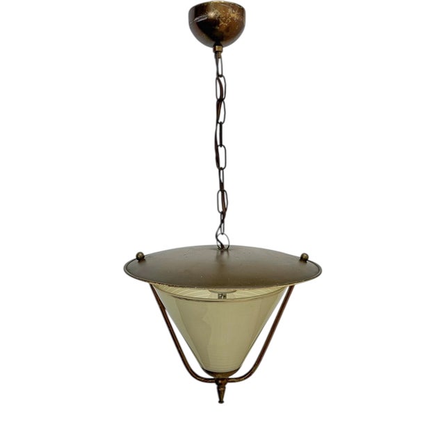 Vintage Lantern Pendant Lamp in Conical Glass, 1950s For Sale