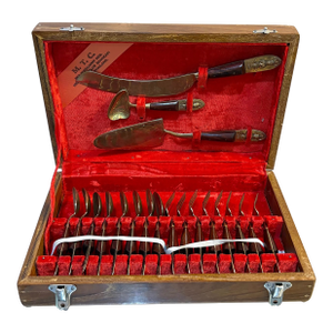 Midcentury Thai Wood/Brass Flatware Serving Set in Box