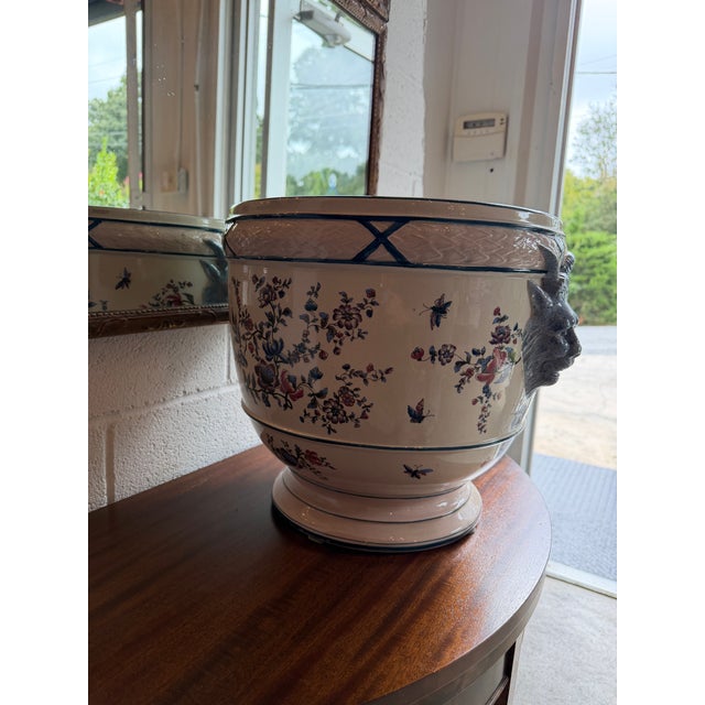 Chinoiserie Vintage Chinoiserie Ceramic Cachepot Planter With Relief Ram Head Handles For Sale - Image 3 of 7