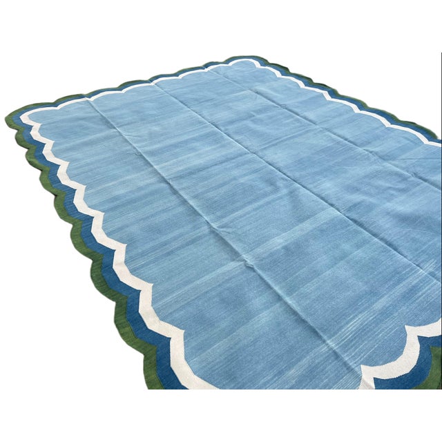 Textile Not Yet Made - Made To Order Handmade Cotton Vegetable Dyed Scalloped Edge Rug Sky Blue With Forest Green Border - 8'x10' For Sale - Image 7 of 11