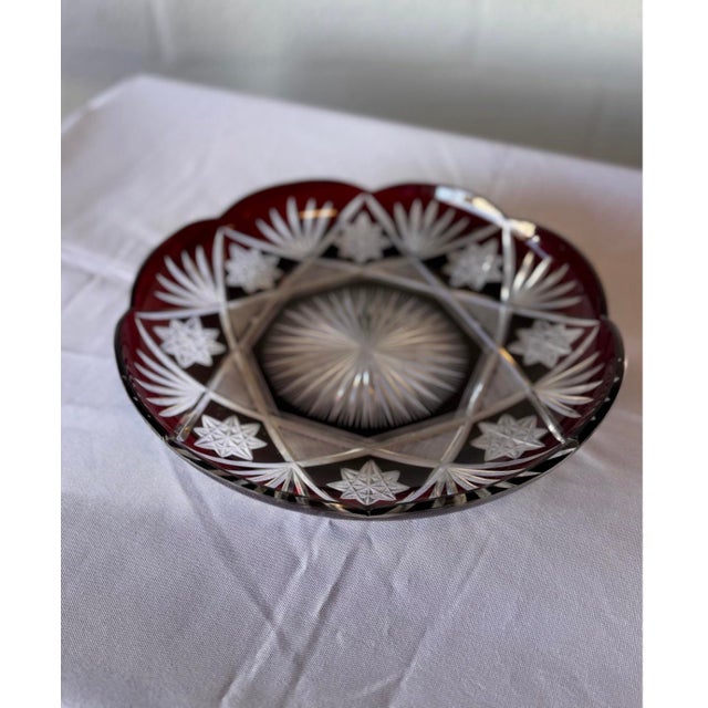 1920s Antique Czech Bohemian Ruby Red Art Deco Hand Cut to Clear Crystal Plate Featuring Starburst Geometric Patterns , C. 1920 For Sale - Image 5 of 8