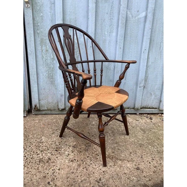 Brown Early 20th Century Antique Windsor Style Bowl Back Rush Seat Armchair For Sale - Image 8 of 10