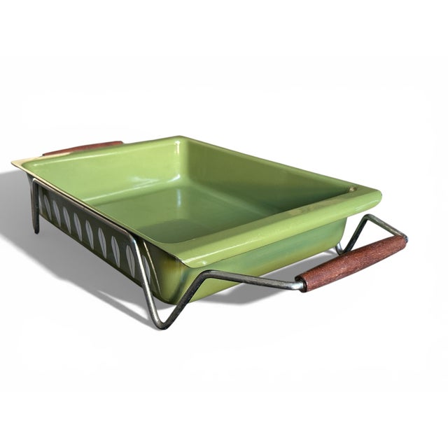 Mid-Century Modern 1960’s Avocado Green Catherine Holm Lotus Enamel Baking Casserole Dish With Teak Handled Holder For Sale - Image 3 of 8