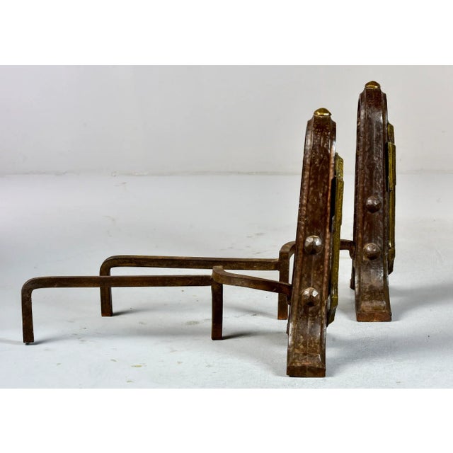 Large Arts & Crafts Hammered Iron and Brass Andirons - Pair For Sale In Detroit - Image 6 of 10