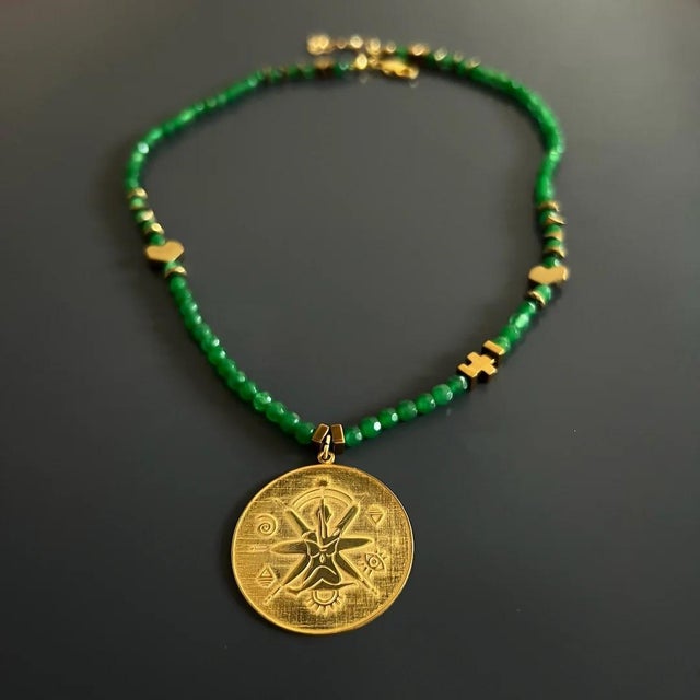 Contemporary Green Jade Stone Spiritual Soul Gold Medallion Pendant Necklace For Sale - Image 3 of 16