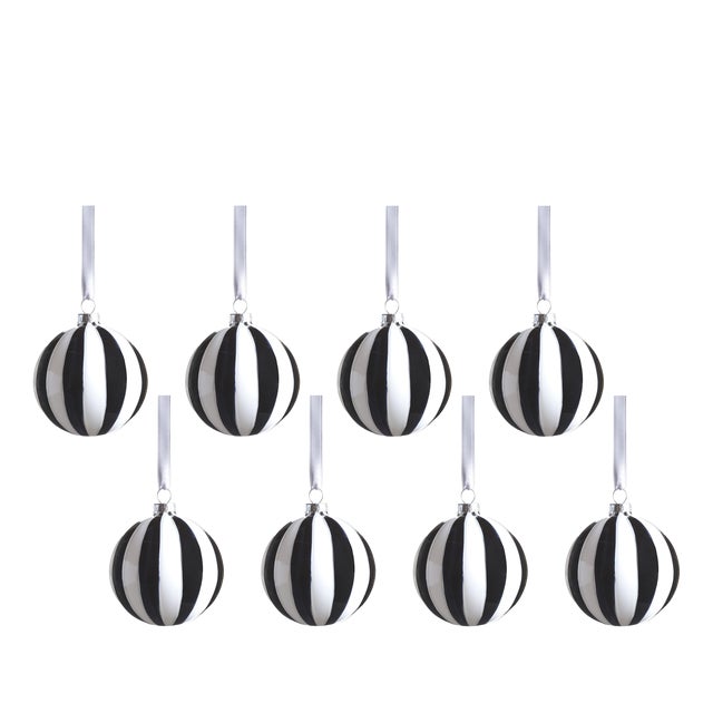 Monochrome Stripe 8-Piece Glass Ball / Bauble Ornament Set, 3.25" For Sale