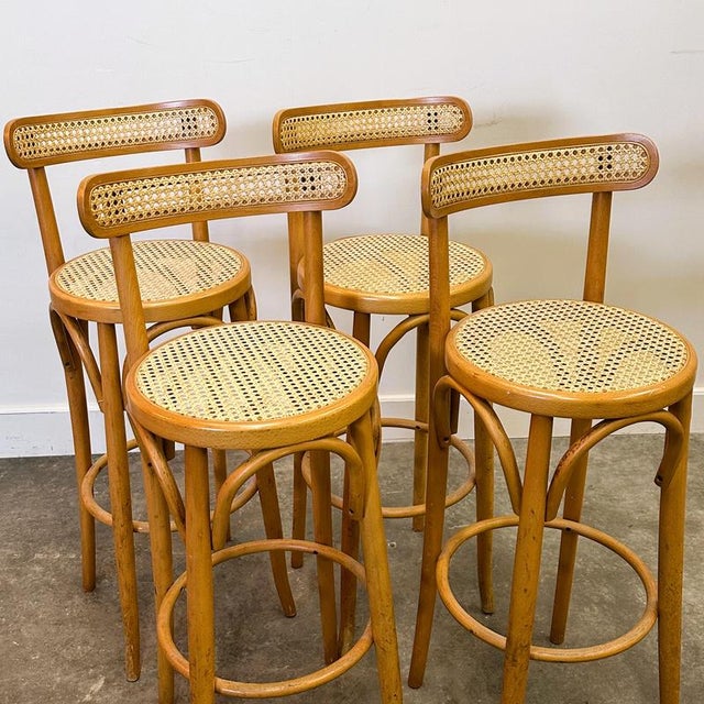 Vintage Italian Bentwood and Cane Bar Stools, 1970s, Set of 4 For Sale - Image 6 of 12