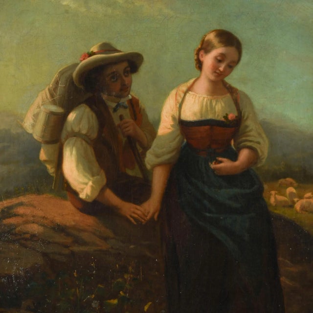 This charming antique oil on canvas depicts a tender moment between a young German couple, rendered in the style of 19th-...