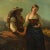 This charming antique oil on canvas depicts a tender moment between a young German couple, rendered in the style of 19th-...