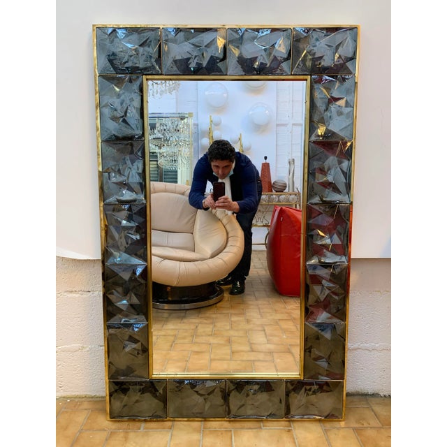 Contemporary Brass Mirror with Gray Murano Glass, Italy For Sale - Image 11 of 11