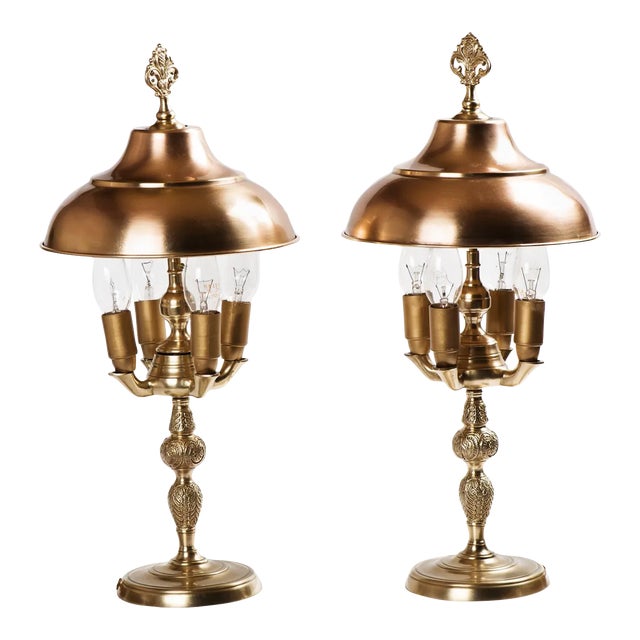 Brass 4-Lights Table Lamps With Brass Shades - a Pair For Sale