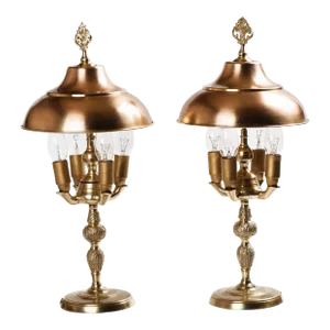 Brass 4-Lights Table Lamps With Brass Shades - a Pair