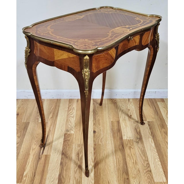 French Antique French Louis XV Inlaid & Bronze Mounted Diminutive Writing Lady's Desk For Sale - Image 3 of 18