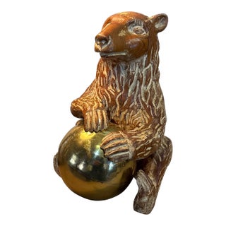 Carved Bear With Brass Sphere Knotty Pine Made in Italy by Sarried For Sale