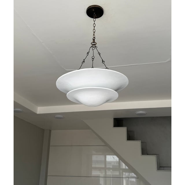 Matte White Layered Pendant Light | 4-Light Steel Shade Chandelier With Black Antique Brass Chain For Sale - Image 18 of 18