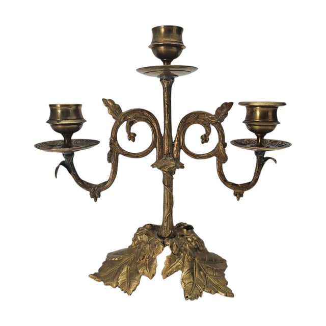 Victorian Art Nouveau Gilt Metal Three Light Candelabrum With Leaf and Vine Base 8.5" For Sale - Image 3 of 12