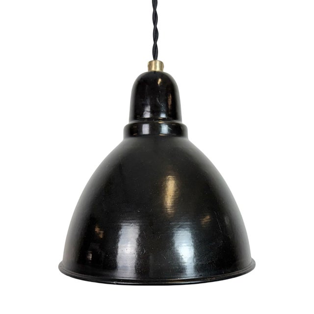 Small Industrial Black Enamel Pendant Lamp, 1950s For Sale