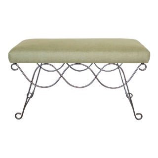 Iron Double Loop Bench, Green Linen For Sale