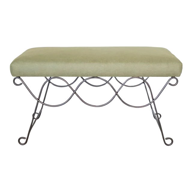 Iron Double Loop Bench, Green Linen For Sale