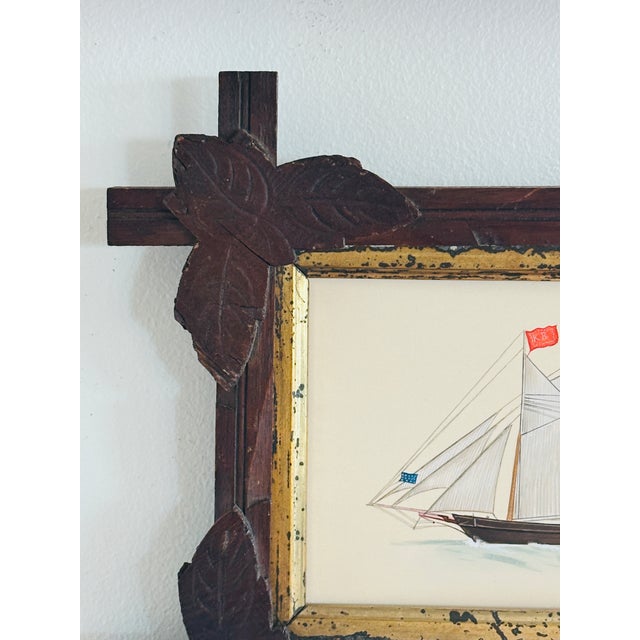 Original Hand-Painted Sailboat Painting in a Vintage Folk Frame For Sale - Image 4 of 4