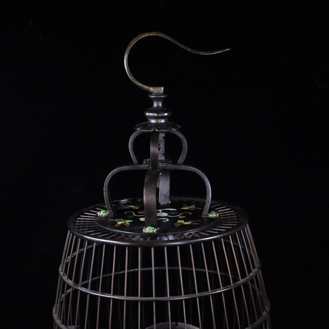 Wood Vintage Hardwood Birdcage With Mother-of-Pearl Inlay and Porcelain Cups For Sale - Image 7 of 9