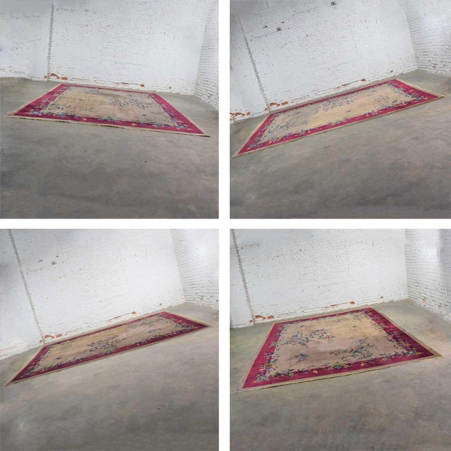 Textile Antique Chinese Art Deco Wool Handmade Rug Taupe With Magenta Border 8’8”x11’4.5” For Sale - Image 7 of 13