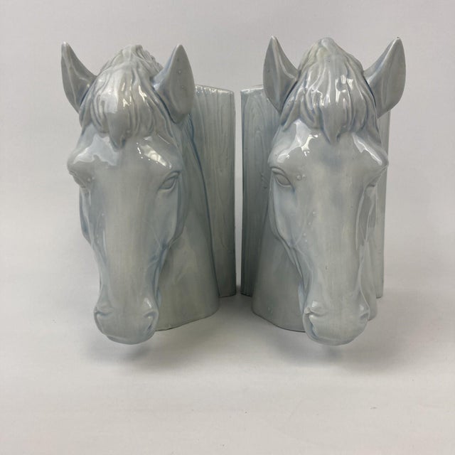 Ceramic VTG Set 2 Mid Century Ceramic Horse Head Bookends Pale Blue White Glazed 8.5" For Sale - Image 7 of 11