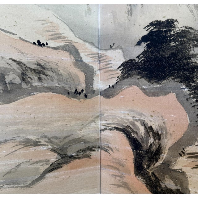 1940s Handpainted Silk Japanese Byobu Screen in Cerused Oak Frame For Sale - Image 4 of 10