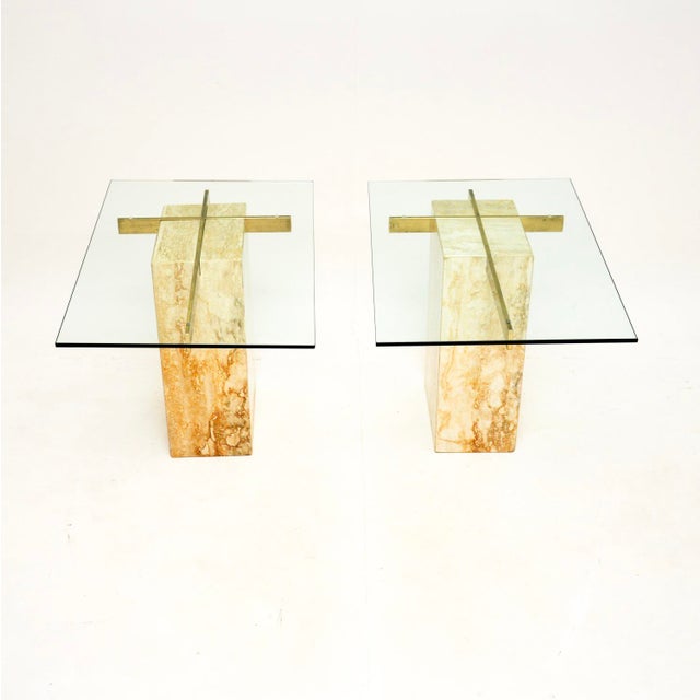 Vintage Italian Travertine and Brass Side Tables attributed to Artedi, 1970s, Set of 2 For Sale - Image 4 of 12