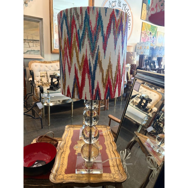 Contemporary Pair of Contemporary Crystal Ball Table Lamps With Custom Flame Stitch Shades For Sale - Image 3 of 3