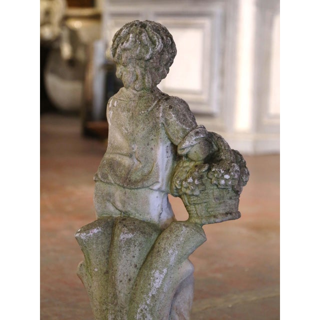 Stone Gray Early 20th Century French Stone Garden Statue of Young Boy Holding Grapes For Sale - Image 8 of 8