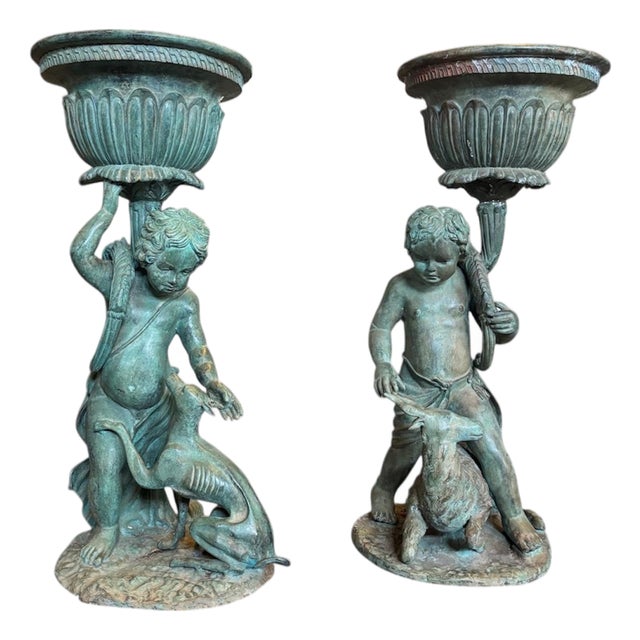 Flowerpots with Cherubs and Animals, 1970s, Set of 2 For Sale