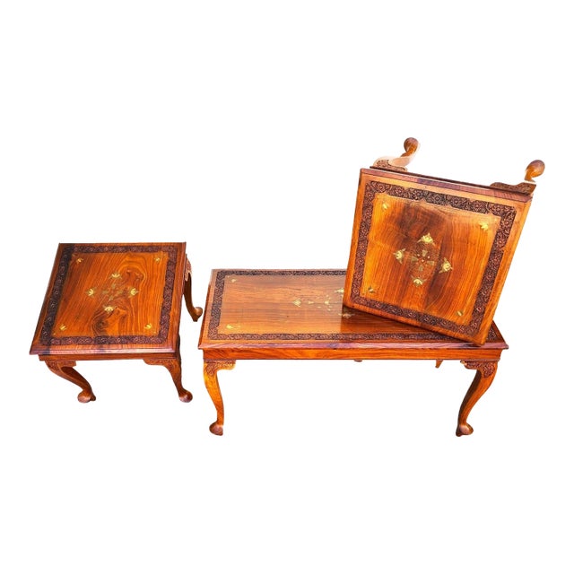 Mid Century Anglo Indian Walnut Coffee & Side Tables 3 Piece Set For Sale