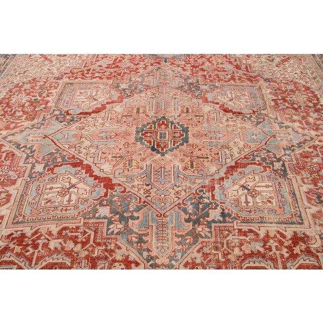 Antique Persian Heriz Wool Rug Handmade in Red Featuring a Medallion Motif For Sale - Image 10 of 10