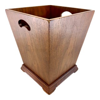 Mid 20th Century Walnut Wastebasket With Sculpted Handles and Stepped Base For Sale